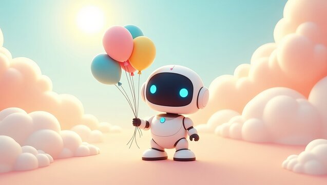 Robot Playing with Pastel Balloons