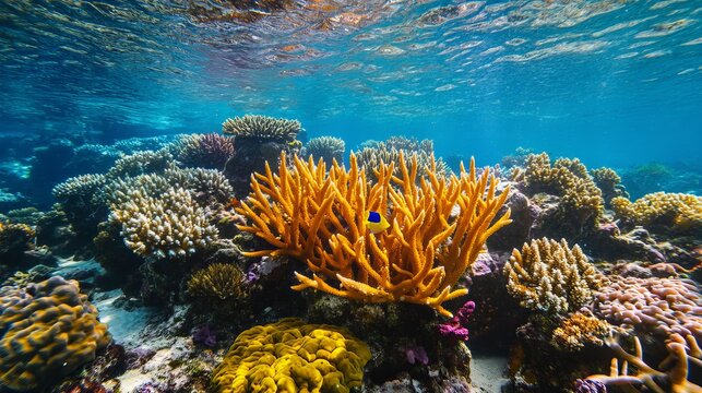 Marine animals and colorful sea corals including Acropora millepora