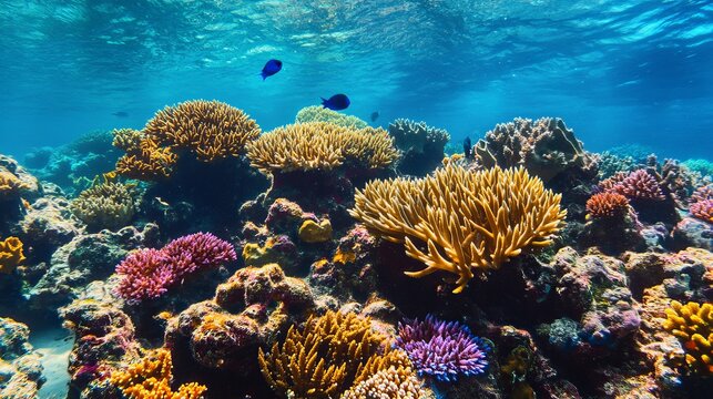 Marine animals and colorful sea corals including Acropora millepora