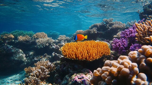Marine animals and colorful sea corals including Acropora millepora