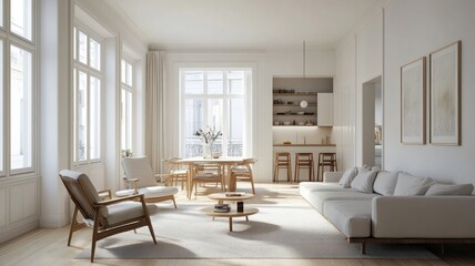 Bright and airy white living room featuring stylish Scandinavian furniture and abundant natural light.