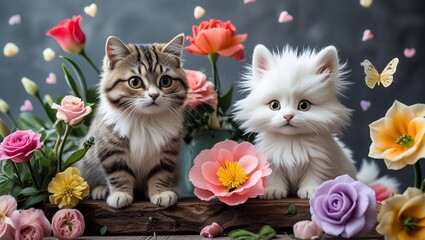 Adorable Kittens in a Flower Garden