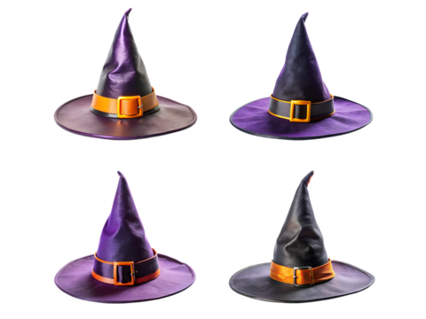 Four Witch hats, Halloween hats, Witch Hats with Ribbon, Purple witch hats, isolated