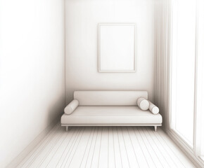 A minimalist all-white interior with a sleek modern sofa, a blank picture frame, and a bright window, creating a serene and futuristic atmosphere.