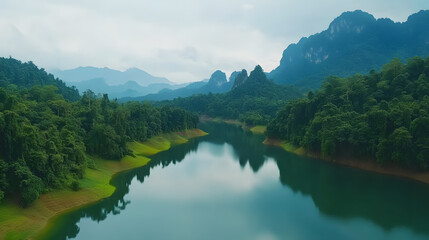 Naklejka premium Serene lake reflecting mountains, tranquil landscape with lush forests and misty skies, perfect for nature themes and relaxation.