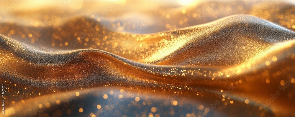 Poster abstract waves of gold with shimmering particles.