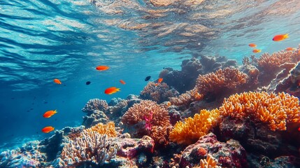 Picturesque tropical coral reef at the ocean bottom featuring hard corals fish and air bubbles in an underwater landscape