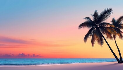 Obraz premium Tropical beach at sunset with palm trees and calm ocean waves.