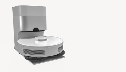 Robot vacuum cleaner in docking station on white background, automatic cleaning device, smart home appliance, modern robotic floor cleaner, autonomous vacuum machine