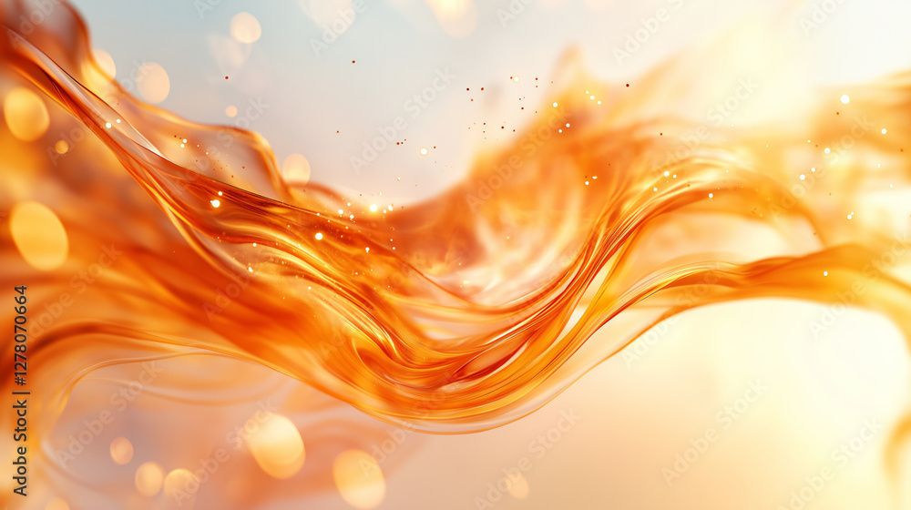 Poster dynamic swirl of orange and gold abstract waves creates sense of movement and energy, with glowing p
