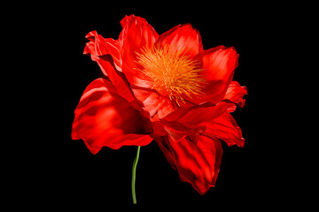 Naklejka premium Red flower with vibrant petals and yellow center on black background, realistic 3d illustration, close-up, botanical illustration, nature, floral design, vivid colors, high quality