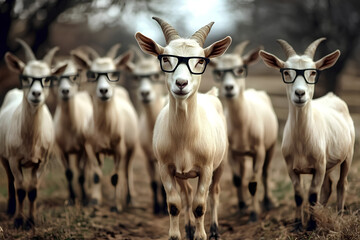 Fototapeta premium A quirky portrait of a flock of sheep wearing glasses, grazing in a lush green field, creating a fun and unique scene