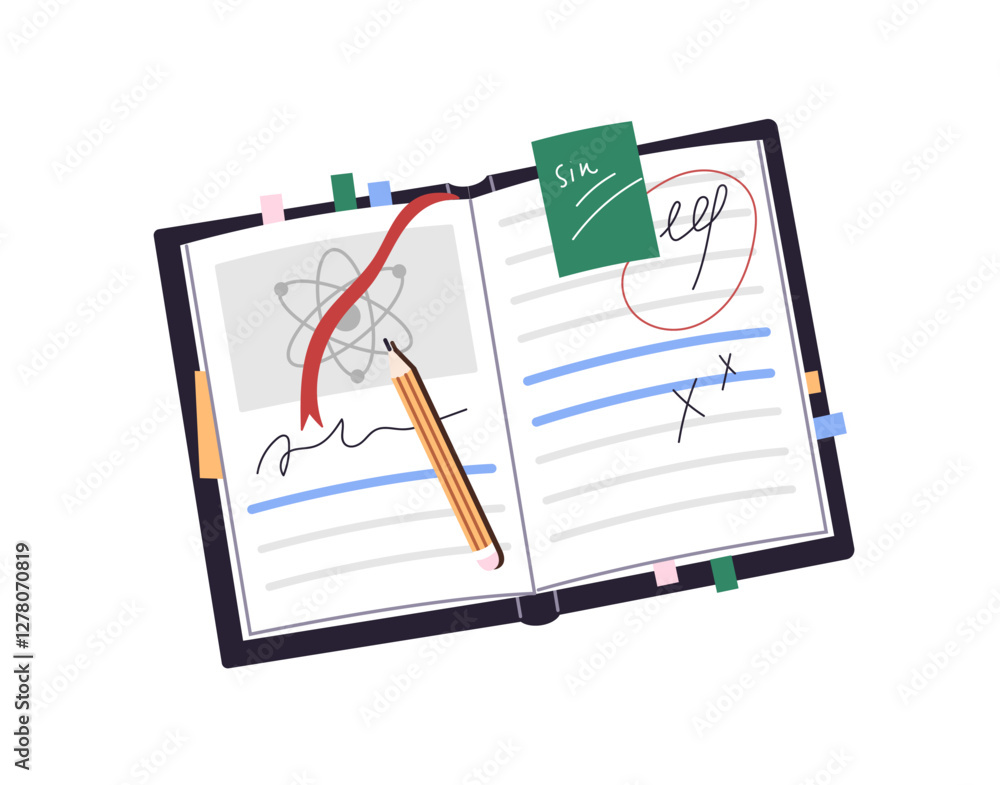 Poster open paper textbook and pencil to do homework. notebook, book with notes on pages for learning, prep