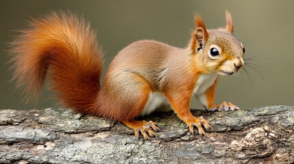 Obraz premium Red Squirrel on Branch, Forest Background