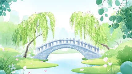 Chinese-Style Watercolor Illustration of Willow Tree and Stone Bridge Representing Spring and the 24 Solar Terms
