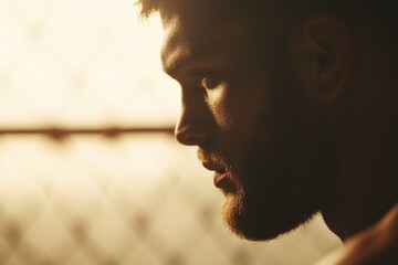 Intense profile of athlete focused before match, illuminated by