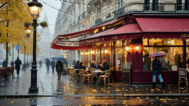 Charming Parisian caf&eacute; experience on a rainy autumn day with cozy outdoor seating and warm ambiance