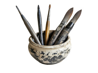 Isolated pottery jar with art brushes