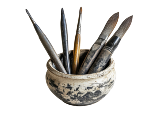 Isolated pottery jar with art brushes