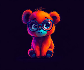 A vibrant digital illustration of an adorable cartoon-style bear cub with fluffy orange fur, oversized glasses, and glowing blue eyes. The neon-inspired lighting and dark background .