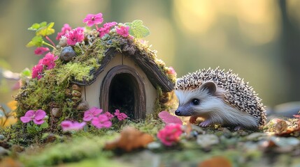 Naklejka premium Cute hedgehog exploring a miniature fairy garden 