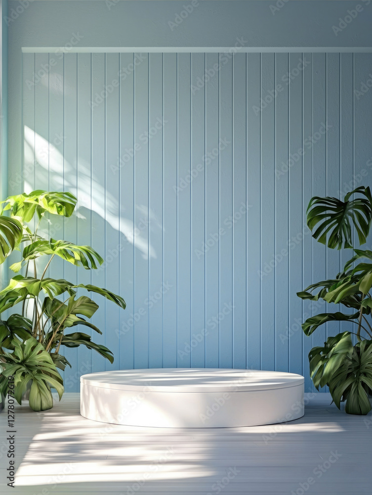 Poster Clean simple background and light blue walls with an empty white circular platform in the center, surrounded by plants and sunlight, casting soft shadows on the floor.