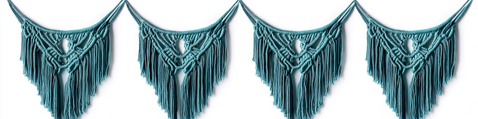 Teal macrame wall hanging in four different poses, isolated on a white background