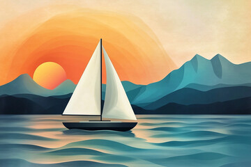 Fototapeta premium Stylized illustration of a sailboat gliding on a calm lake at sunset, with warm orange skies and layered blue mountain silhouettes creating a serene and atmospheric landscape