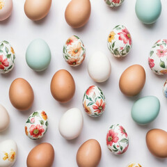 Top view of chicken eggs on a white table. Some are natural, some are dyed blue, and others feature delicate floral patterns. Aesthetic composition for Easter, food, and decorative themes.