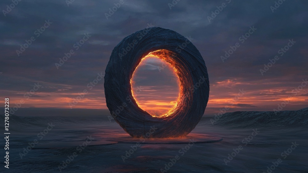 Poster digital art piece that appears to be a surreal landscape with a large, circular object in the center