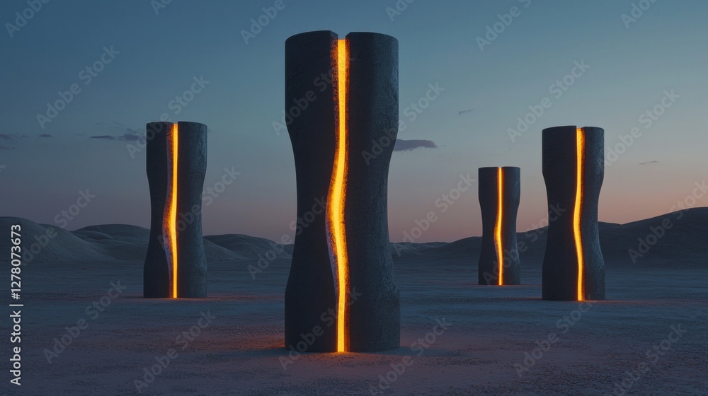 Poster group of four tall, cylindrical structures standing in a desert-like landscape. the structures appea