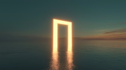 3d rendering of a large, rectangular object that appears to be a letter "d" in the middle of the ocean. the object is glowing orange and yellow, creating a warm glow that illuminates the water below.