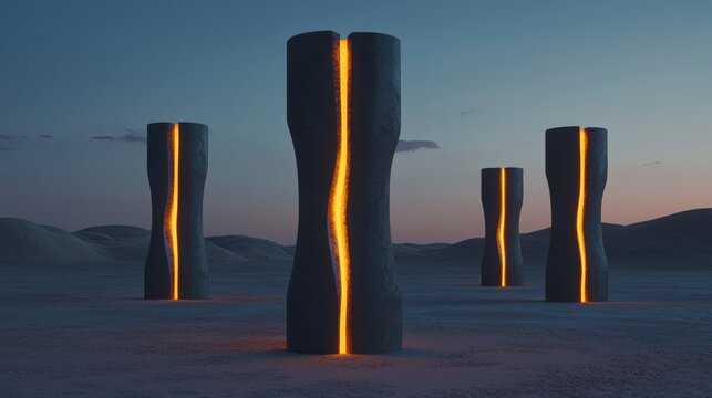 Group of four tall, cylindrical structures standing in a desert-like landscape. the structures appear to be made of concrete or stone and are arranged in a triangular formation.