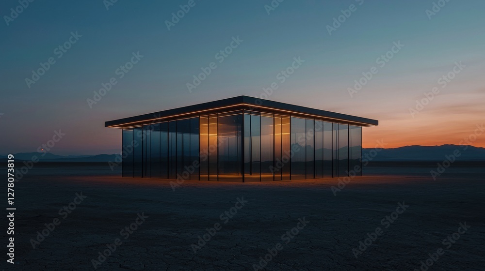 Poster photograph of a modern building in the middle of a barren landscape. the building is a rectangular s