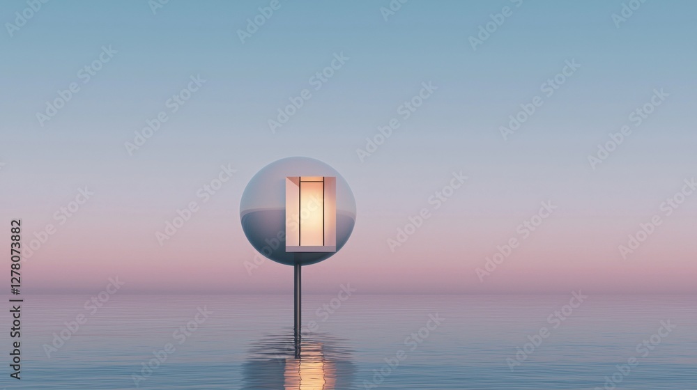 Poster digital illustration of a sphere-shaped lamp post in the middle of the ocean. the lamp post is made 