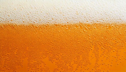 Close da espuma da cerveja: espuma branca e l&iacute;quido amarelo na cerveja.