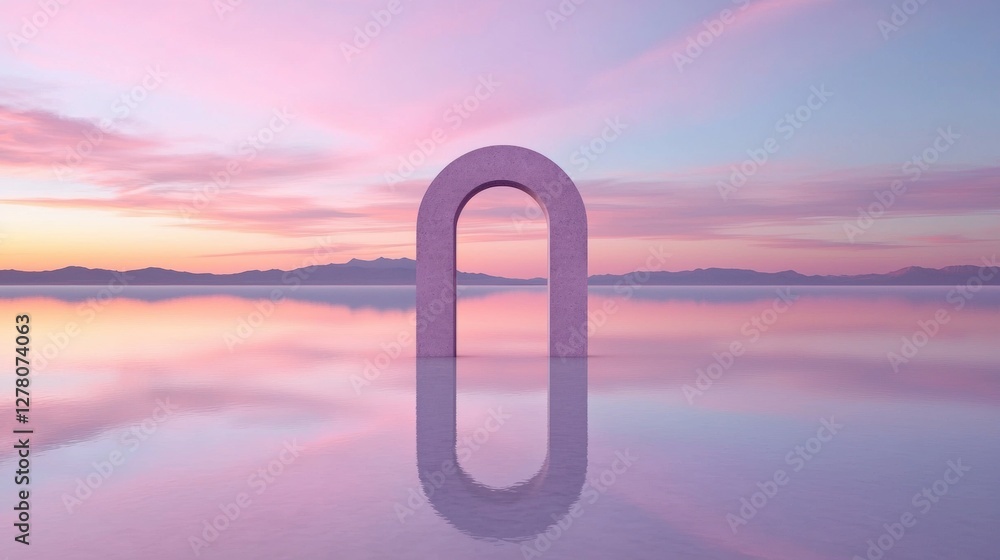 Poster photograph of a large arch-shaped structure in the middle of a body of water. the arch is made of a 