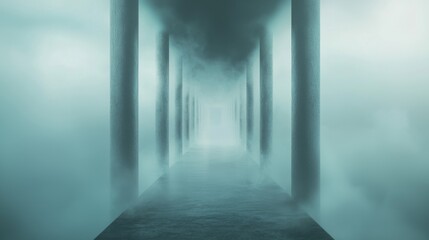 Long, narrow corridor with multiple pillars on either side. the pillars are tall and slender, and the floor is made of concrete.