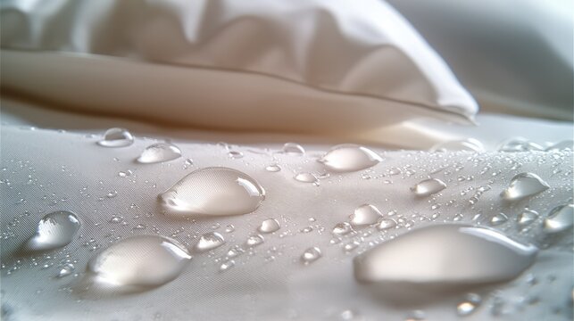 Close-up of water droplets beading on a water-resistant fabric surface, with blurred pillows in the background.