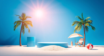 Obraz premium Summer Podium Display with Sand Pile, ball, Coconut Tree, Beach Umbrella, Chair, and Banner on a Cloudy Beach Background.