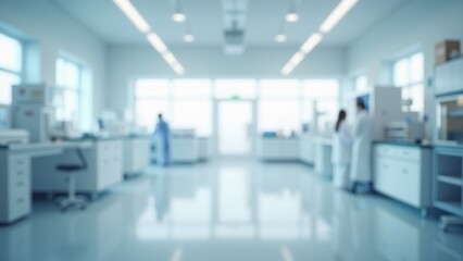 Clean Clinical Lab With Professionals, Soft Glowing White Background, Distant View. Concept of Medical Research and Healthcare