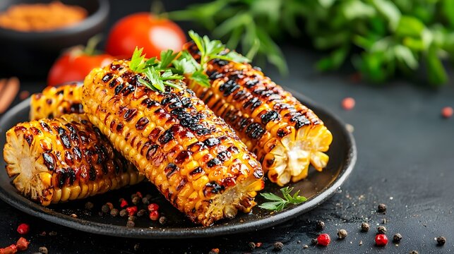Delicious grilled corn on the cob with melted butter and assorted spices served on a summer themed table setting with copy space for text or design