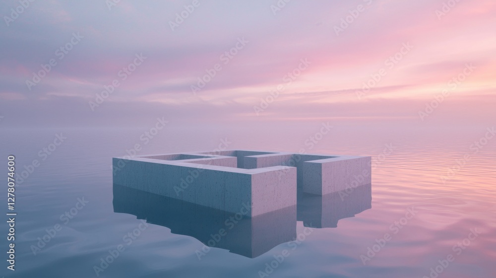 Poster 3d rendering of a cube floating in the middle of a body of water.