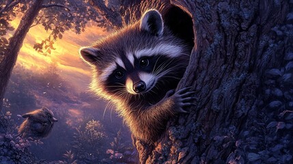 Fototapeta premium Cheeky raccoon peeking out of a hollow tree at twilight 