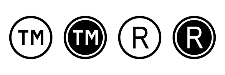 Registered trade mark icon set symbol. Tm symbol icon. R icon symbol. Copyright and registered symbol icon. Vector illustration