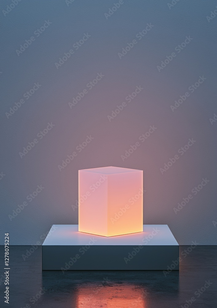 Poster cube-shaped lamp on a white pedestal against a plain grey wall. the lamp is lit up with a soft pink 