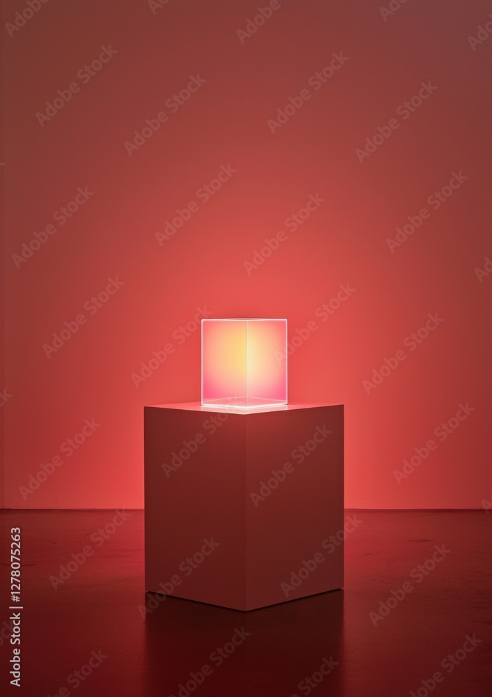 Poster square-shaped light fixture on a square pedestal in an empty room with a red wall in the background.