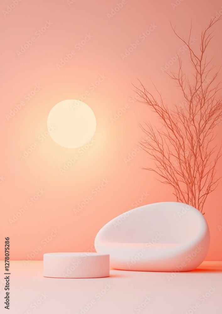 Poster 3d rendering of a minimalistic scene with a pink background. on the right side of the image, there i