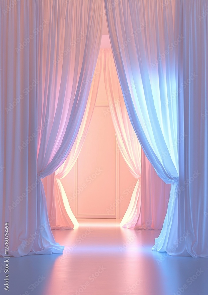 Poster room with a large window covered in white curtains. the curtains are draped in a way that creates a 