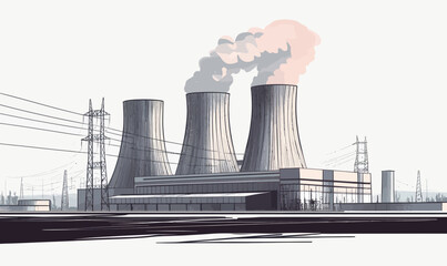 Minimalist Industrial Power Plant Sketch with Cooling Towers - Vector Illustration